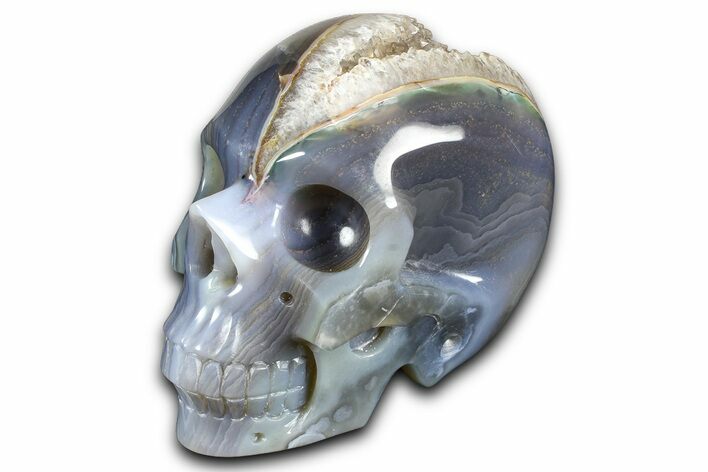 Realistic Polished Banded Agate Skull with Quartz Crystal Pocket #378658